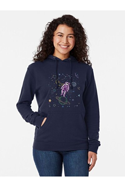 classy moda Unisex Navy Blue 3 Thread Threaded Oversize Hooded Sweatshirt Bas...