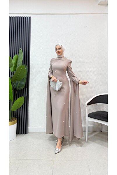 moda crn Taş İşlemeli Pelerin Kollu Tesettür Abiye