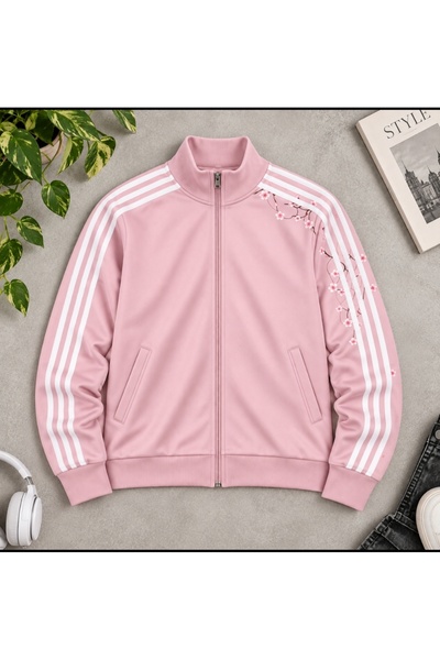 eyonnwear Streetwear Unisex Lacivert Çiçek Nakışlı Şeritli Fermuarlı Eşofman ...