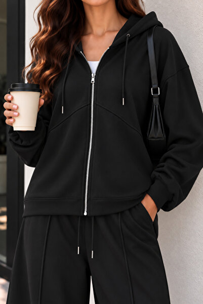 Sun Victoria Siyah Modal Oys Kumaş Demir Fermuarlı Kapüşonlu Oversize Sweatshirt