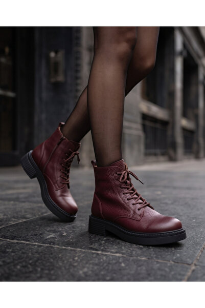 futsi shoes RAVENNA Bordo Hakiki Deri Bağcıklı Kalın Taban Topuklu Postal Kad...