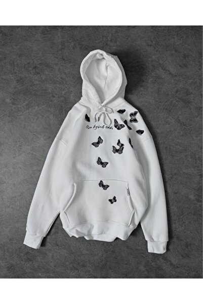 valeriae Unisex White Oversize Hooded Sweatshirt with Kangaroo Pocket, 3 Thre...