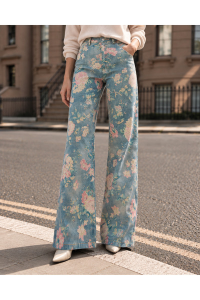 ASEDE İthal Kumaş Desenli Yüksek Bel Wide Leg Jean Premium %100 Cotton Kot Pa...