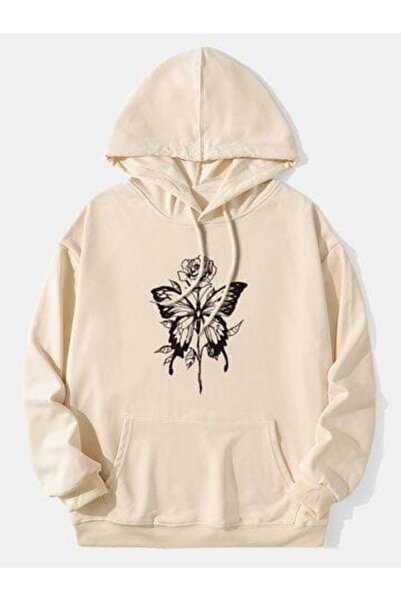 classy moda Unisex Beige Relaxed Fit Hooded Kangaroo Pocket Thick Sweatshirt