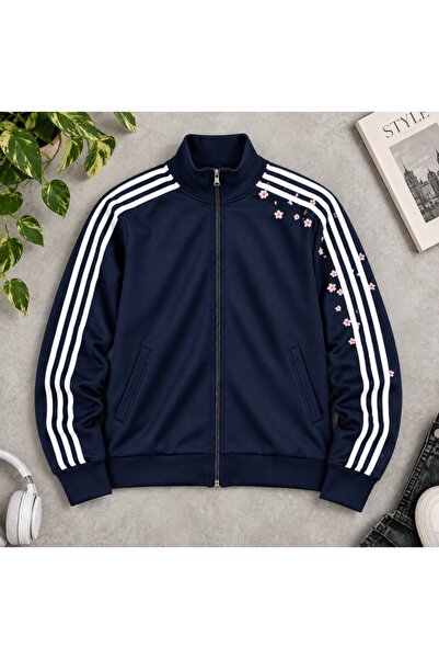 eyonnwear Hanorac streetwear unisex, albastru marin, cu broderie florală și f...