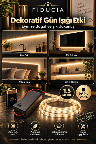 FIDUCIA 1.5 Metre Gün Işığı Şerit LED 9V Pil Dahil Yapışkanlı Kesilebilir Dek...