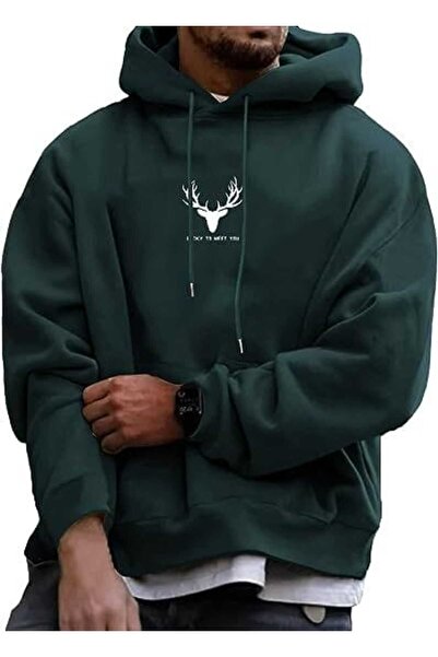 classy moda Unisex Πράσινο Φούτερ με Κουκούλα με 3 Κλωστές, Βασική Άνετη Γραμμή