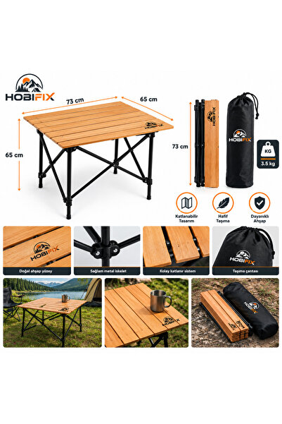 Hobifix Katlanabilir Ahşap Kamp Masası 65x73x65 cm, 3,5 kg Taşıma Çantalı Por...