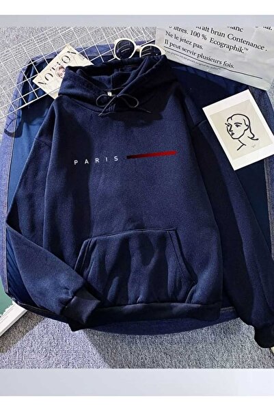classy moda Unisex Navy Blue Kangaroo Pocket Thick Fabric Oversize Hooded Swe...