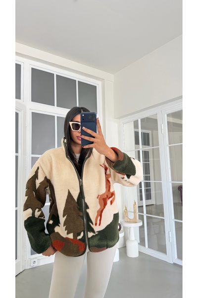 GAUS CO Kahve Çam Ağaçlı Geyik Desenli Fermuarlı Polar Sweatshirt GAUS-01913 ...