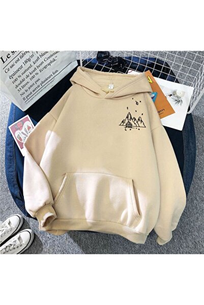 ZEMLİYA Modexa Unisex Hoody Beige Relaxed Fit Hooded Kangaroo Pocket Thick Sw...