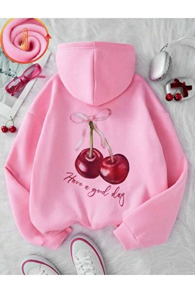 ZEMLİYA Modexa Unisex Hoody Pink Loose Fit Hooded Sweatshirt with Inner Pipin...