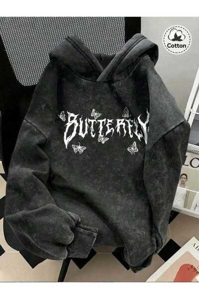 classy moda Unisex Anthracite Washed Relaxed Cut Kangaroo Pocket Hooded Stree...
