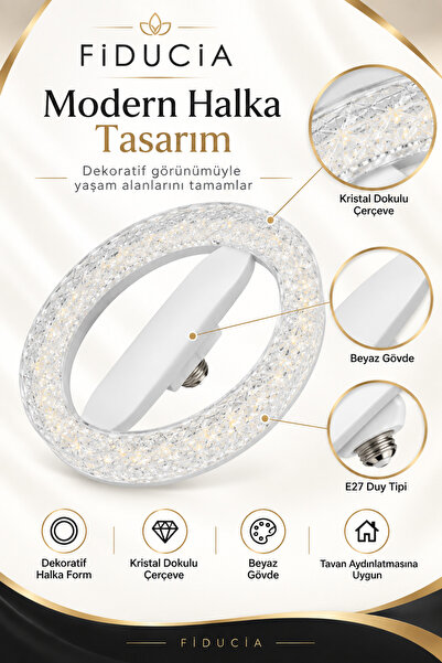 FIDUCIA Ultra Lüks Kristal Dekoratif 3 Renkli Halka Tavan Aydınlatması E27 Du...