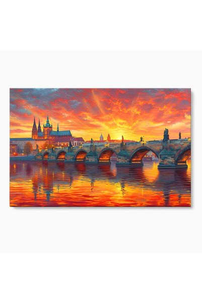 Luxcanva Tablou Canvas Praga in Flacarile Cerului 100x70 cm pe Sasiu Lemn Pra...