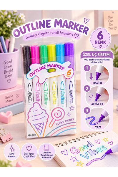 ÖZ OFİS Simli Outline Marker 6'lı Kalem Seti - Parlak Kenar Efektli Renkli Çi...
