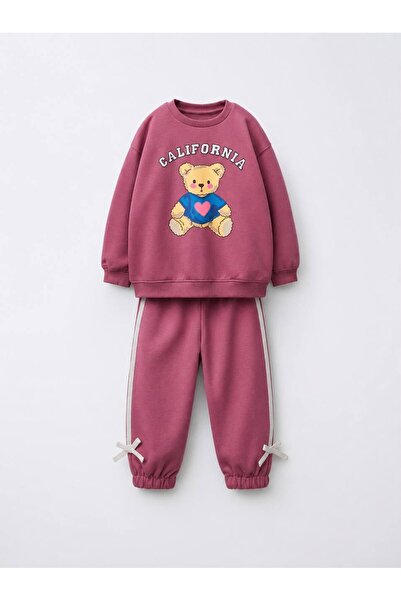 Kız Çocuk Gül Kurusu Teddy Bear Baskılı Eşofman Takımı
