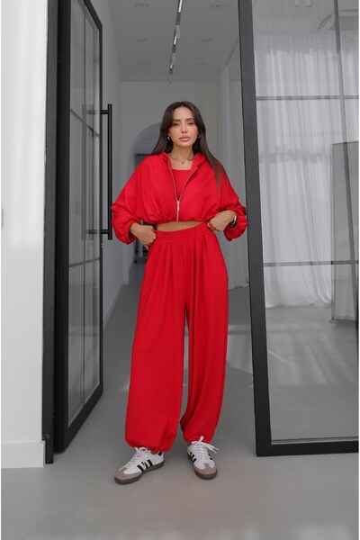 Havoş Kırmızı İp Büzgülü Sweat Atlet Pantolon Takım