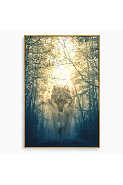 Luxcanva Tablou Canvas Lupul din Poveste 70x100 cm cu Rama Auriu Lupul din Po...