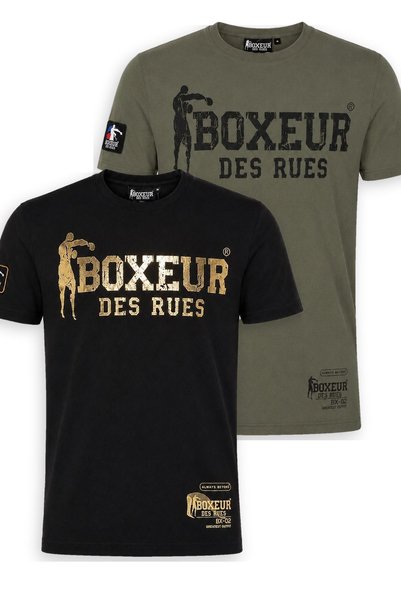 Boxeur Des Rues Men's T-Shirt 2-Pack Slim-Fit: Black with Gold Logo + Olive w...