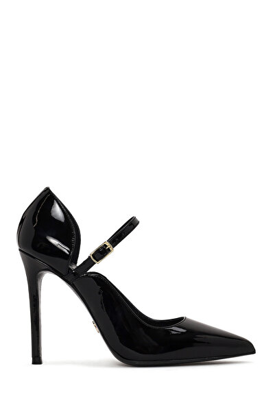 Derimod Women's Black Buckle High Thin Heeled Patent Leather Shoes Af110007Dr