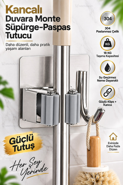 nelerbulurum Stainless Steel Wall Mounted Broom Mop Mop Holder and Hook 304 S...