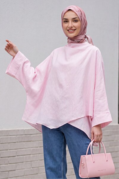 Modamorfo Buttoned Shoulder Bat Sleeve Modal Kimono Poncho -Powder