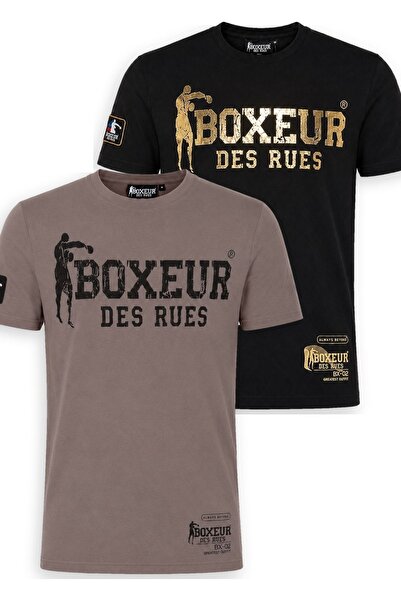 Boxeur Des Rues Pachet de 2 tricouri bărbătești Boxeur des Rues: Gri taupe cu logo negru + Negru cu logo auriu