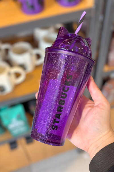 Starbucks Pipetli Soğuk İçecek Bardağı Plastik Kedi Kulaklı Mor 473 ml