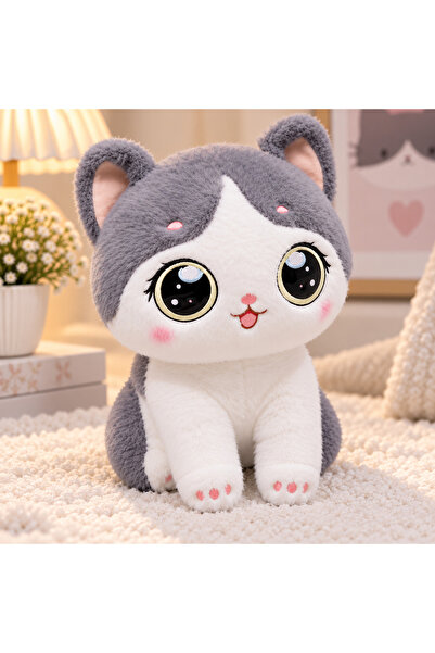 liore dünyası Gri Beyaz Kedi Peluş Oyuncak Büyük Gözlü Sevimli Yumuşak Peluş ...