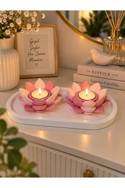 BUBUHOMEDECOR Pembe Lotus Çiçeği 2’li Dekoratif Tealight Mumluk Seti