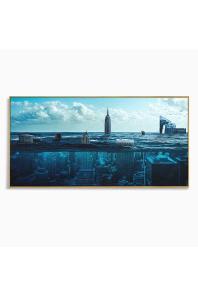 Luxcanva Tablou Canvas Scufundarea Metropolei 120x60 cm cu Rama Auriu Scufund...