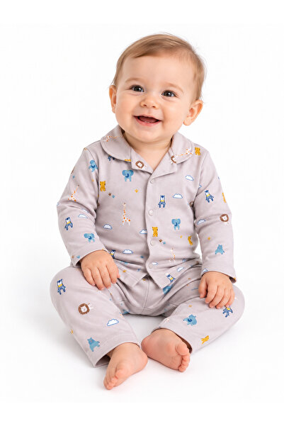 Oz Baby Erkek Bebek Safari Desenli Önden Çıtçıtlı Uzun Kollu 2’li Pijama Takımı