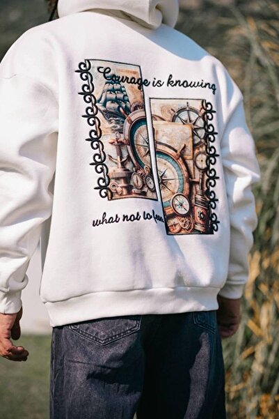 JANTIL MODA White Unisex Oversize 3 Thread Threaded Printed Hooded Sweatshirt...