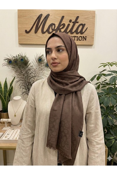 Mokita Collection Kahverengi Kendinden Desenli Jakarlı Tesettür Şal