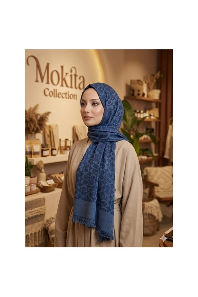 Mokita Collection Kadın Mavi Jakarlı Logolu Pamuklu Tesettür Şal