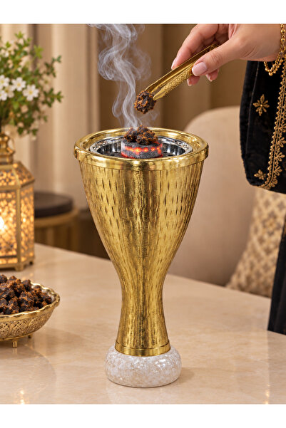 DUX Gold Bakhoor Burner Mabkhara with Marble Base – Arabic Incense Burner for...