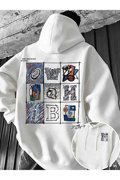 JANTIL MODA White Unisex Oversize 3 Thread Threaded Printed Hooded Sweatshirt...