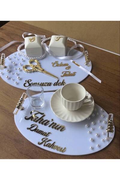 CatplexBoutique Söz Tepsisi - Kişiye Özel 2'li Nişan Tepsisi Damat Kahvesi Tepsi