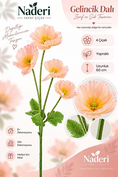 Naderi Çiçeği Naderi Çiçek 4’lü Yapay Gelincik Dalı Bej - Pembe 60 cm Yaprakl...