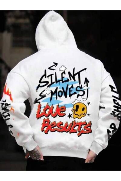 JANTIL MODA White Unisex Oversize 3 Thread Threaded Printed Hooded Sweatshirt...