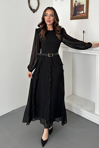 Elbee Fashion Woman Φόρεμα σιφόν με μαύρη ζώνη