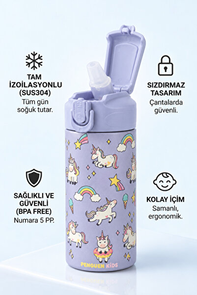 Penguen Çocuk Pipetli Çelik Suluk ve Matara 500 ml Sızdırmaz BPA Free SUS304 ...