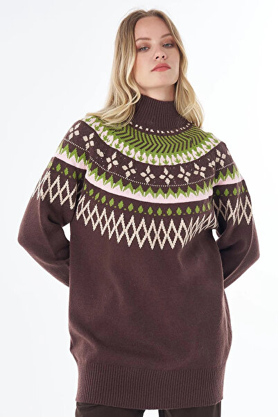 Kayra Mixed Pattern Knitwear Tunic Brown