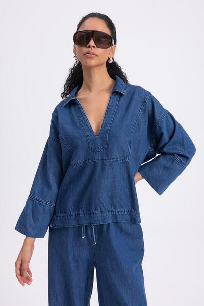 BSL Yaka Detaylı Denim Bluz