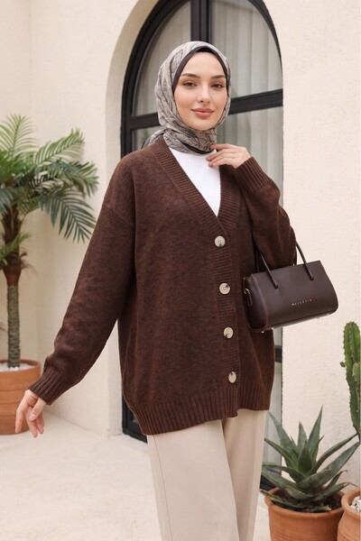 Modamorfo كارديجان تريكو فضفاض بأزرار أمامية وياقة على شكل V - بني