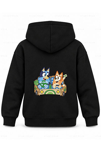 SVART WEAR Детски черен суичър с качулка с принт на Блуи и автобус