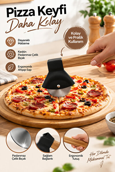 Porsima 1566-1 Ahşap Saplı Hamur Börek Kesme Bıçağı Pizza Kesici Dilimleyici ...