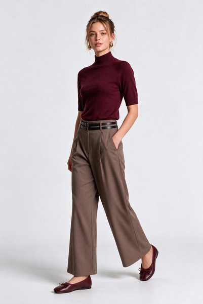 Lovelyİstanbul Double Belted Woven Palazzo Trousers Lby0081 Vi̇zon