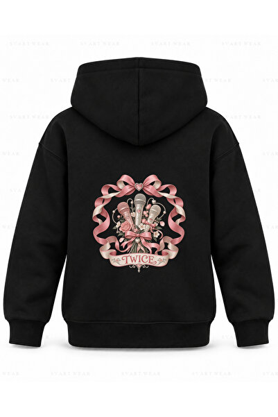 SVART WEAR Twice Ribbon Frame Printed Black Kids' Hooded Sweatshirt